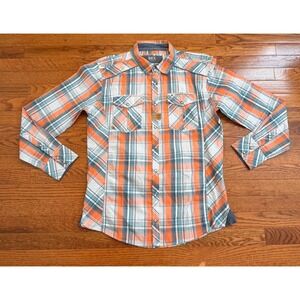 BKE Pearl Snap Western Shirt Mens Large Orange Blue Plaid Cowboy Chest‎ Pockets